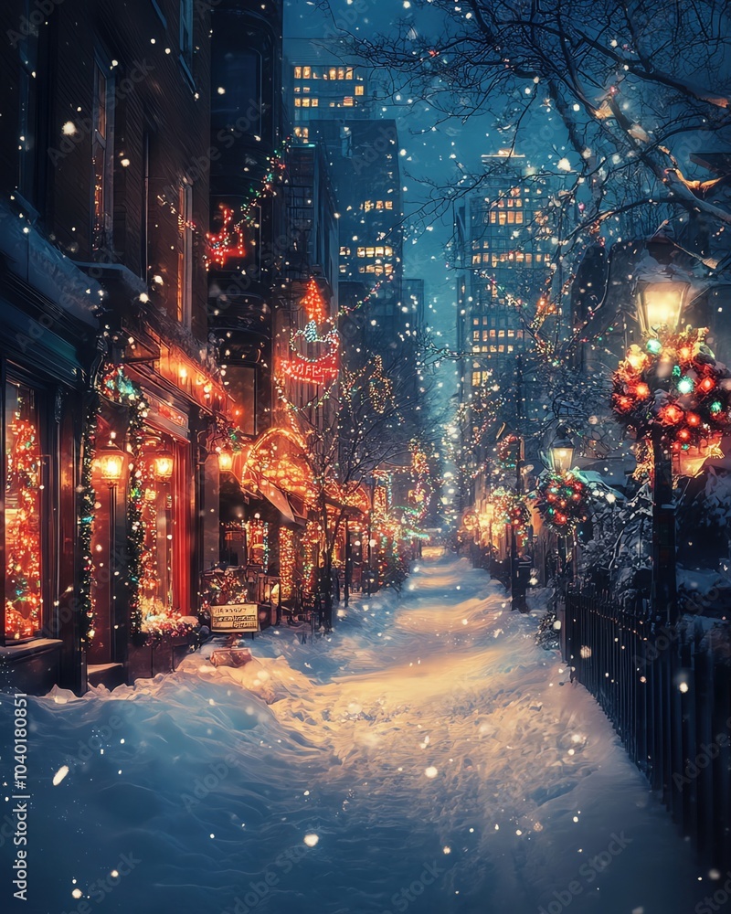 Naklejka premium A joyful family gathered around a brightly lit Christmas tree, exchanging gifts and smiling, while twinkling lights reflect off the ornaments