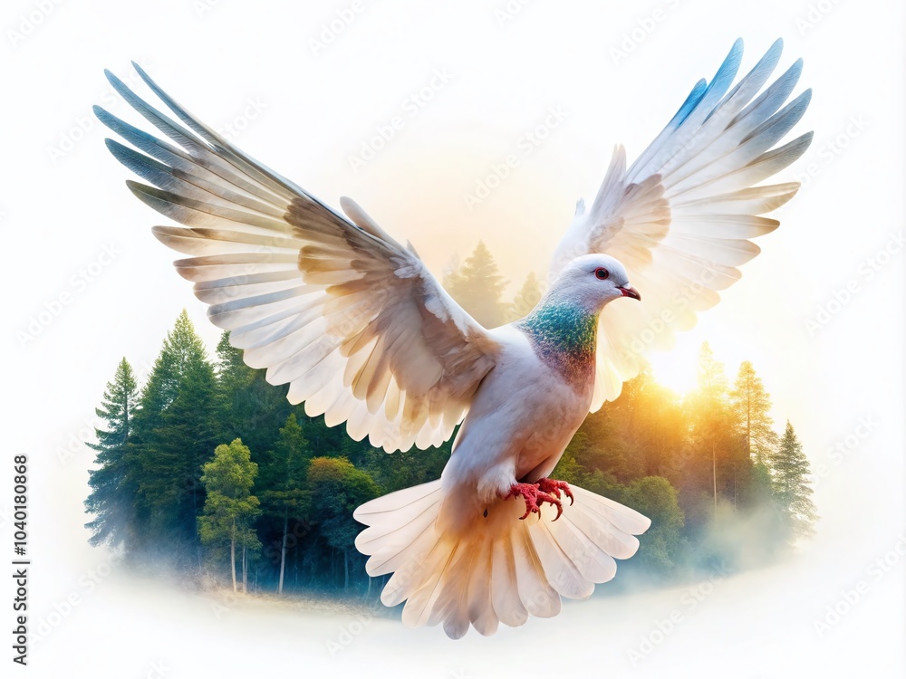 Peaceful Dove in Mid-Flight with Extended Wings Isolated on White Background for Nature and Wildlife Photography