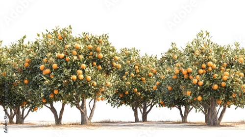 Rows of orange trees, heavy with ripe fruit, capturing the abundance and vitality of the harvest season, set against a white background photo