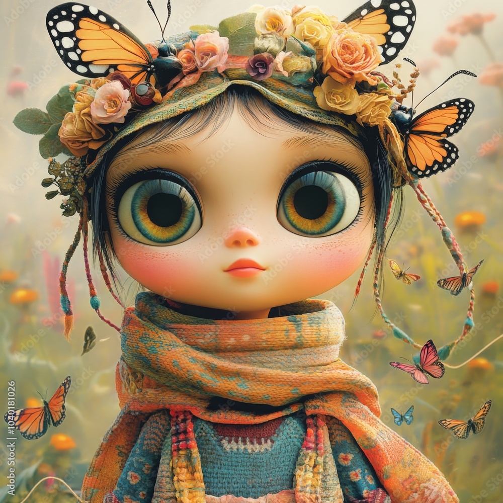 Cute Girl in Colorful Outfit Surrounded by Butterflies Cute Girl in Colorful Outfit Surrounded by Butterflies
