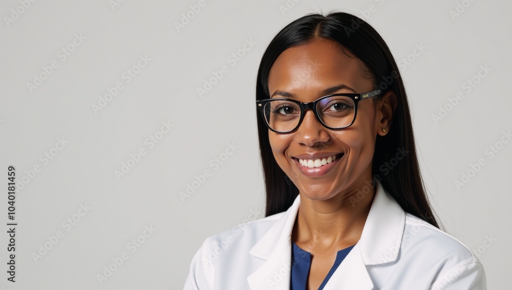 African American Woman with Glasses and White Coat Smiling African American Woman with Glasses and White Coat Smiling