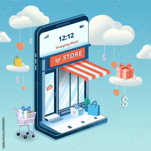 3D illustration of mobile online shopping store. Perfect for digital retail concept, e-commerce promotion, website, mobile app and online shopping.