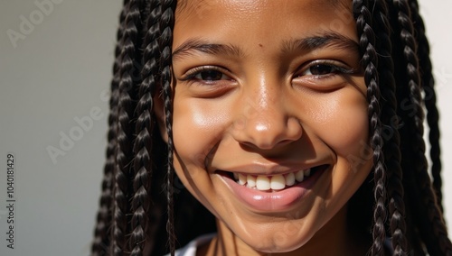 A joyful African American girl with long braids exudes radiant happiness in an optimistic portrait