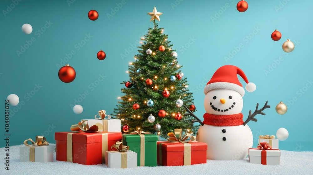 Christmas tree, snta Claus, snowman and gifts flat design front view North Pole theme 3D render Christmas tree, snta Claus, snowman and gifts flat design front view North Pole theme 3D render