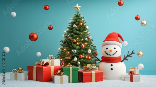 Christmas tree, snta Claus, snowman and gifts flat design front view North Pole theme 3D render  photo