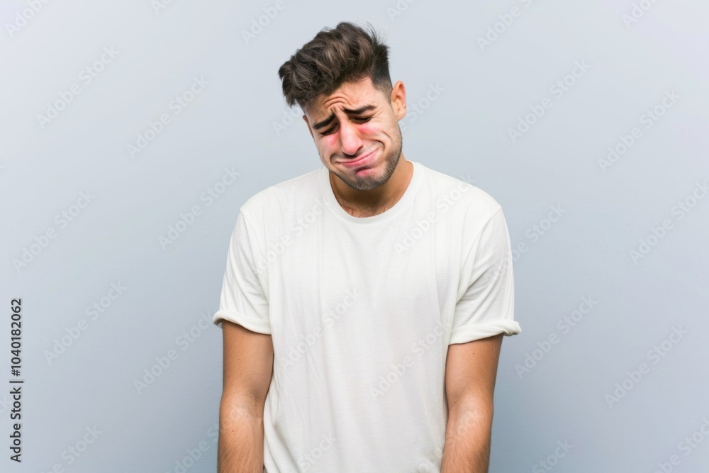 Obraz premium Young man expressing deep sadness and frustration while standing in a minimalistic space, conveying a sense of emotional struggle and vulnerability