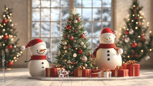 Christmas tree, snta Claus, snowman and gifts flat design front view North Pole theme 3D render  photo