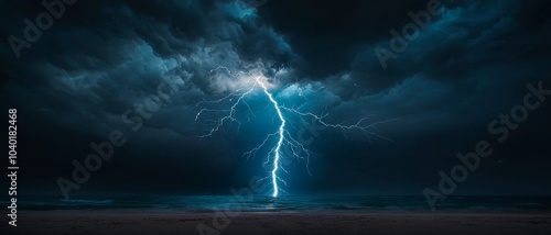 Dramatic Lightning Strike over Dark Stormy Sea Powerful Nature Phenomenon in Tumultuous Night Skies - Moody Atmosphere for Weather or Editorial Use