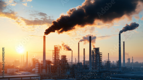 A dramatic industrial skyline at sunset, showcasing smoke stacks emitting dark fumes. The scene highlights the contrast between nature and industrial activity.