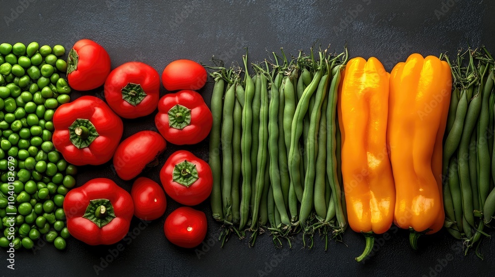 Bright green beans, peas, and bell peppers arranged beautifully with copy space available Bright green beans, peas, and bell peppers arranged beautifully with copy space available