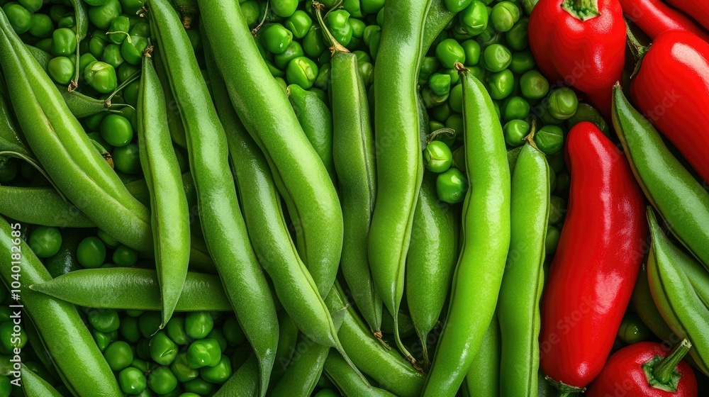 Bright green beans, peas, and bell peppers arranged beautifully with copy space available Bright green beans, peas, and bell peppers arranged beautifully with copy space available