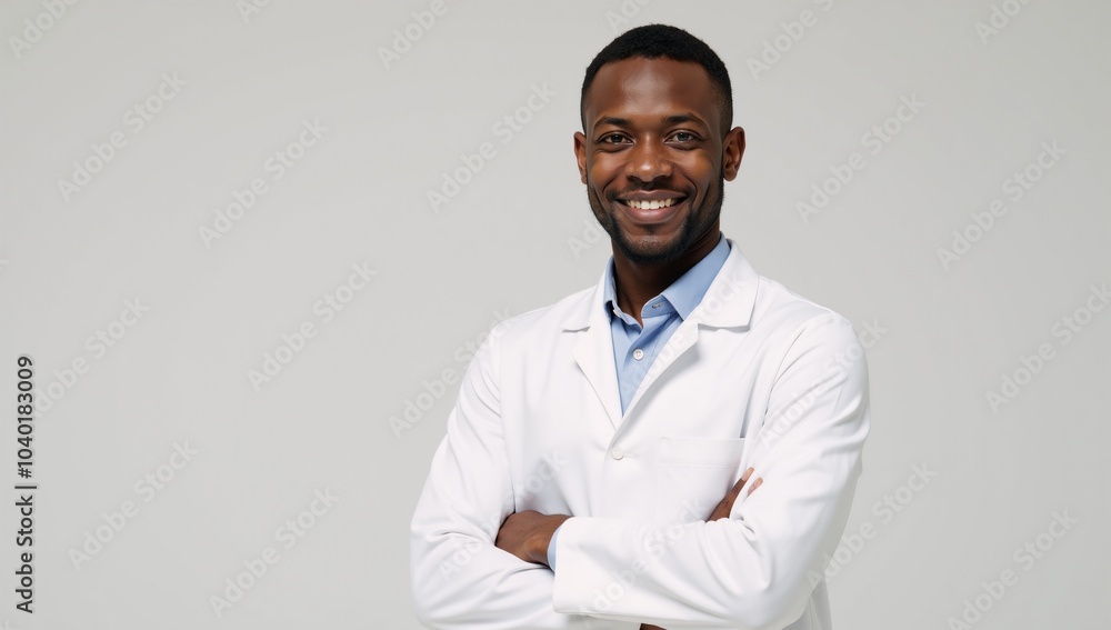 Young African-American doctor stands confidently in clean white medical office Young African-American doctor stands confidently in clean white medical office