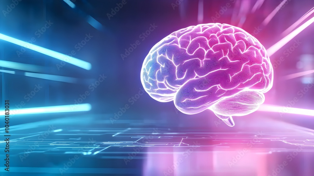 Holographic Brain Above Neon Cyber City - Vibrant Futuristic Scene with Digital Network Overlay in Wide-Angle Perspective Holographic Brain Above Neon Cyber City - Vibrant Futuristic Scene with Digital Network Overlay in Wide-Angle Perspective