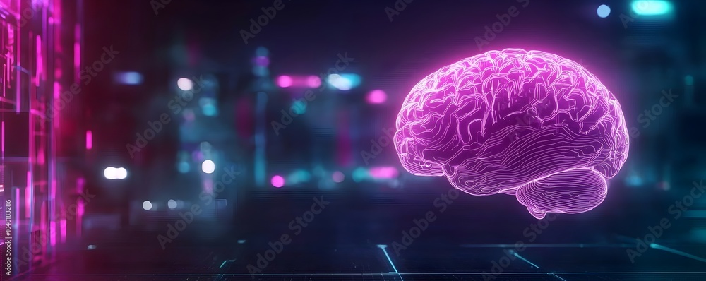 Futuristic Hologram Brain Surrounded by Glowing Visuals - Urban Evolution in a Dynamic Cityscape Futuristic Hologram Brain Surrounded by Glowing Visuals - Urban Evolution in a Dynamic Cityscape
