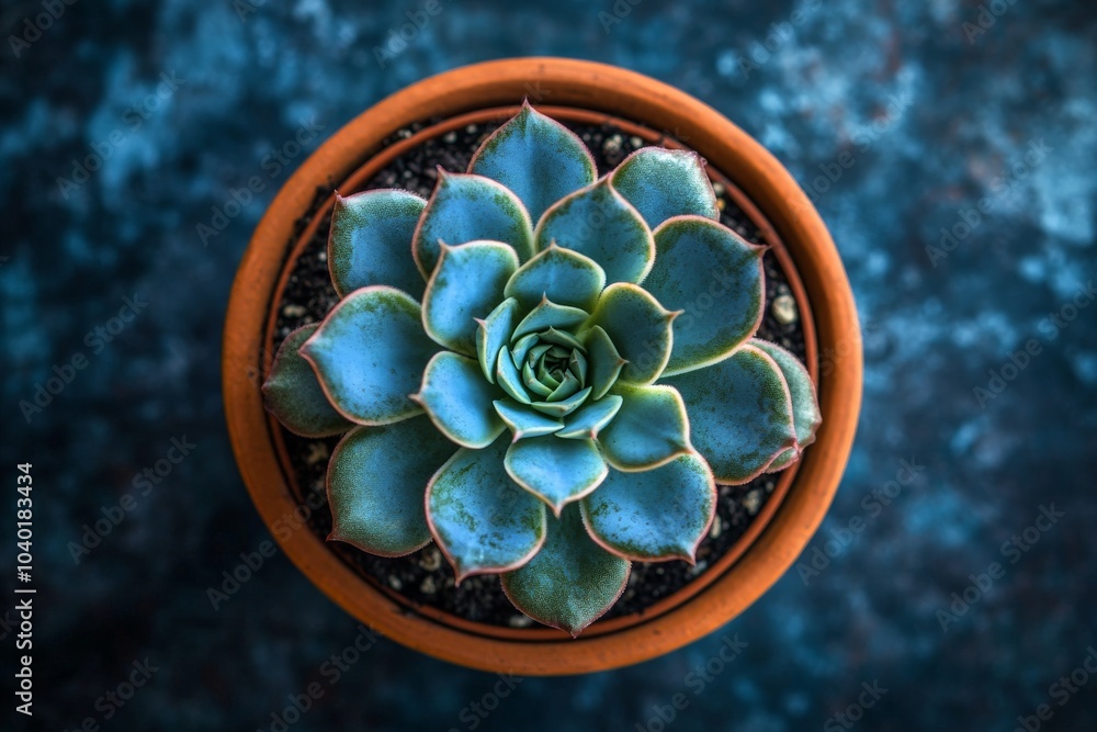 Fototapeta premium A captivating top-down view of a blue echeveria succulent plant displayed in a warm terracotta pot, showcasing its symmetrical leaf arrangement and vibrant colors.