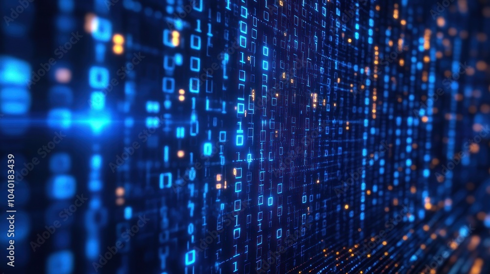 Intricate network of data particles in blue and orange Intricate network of data particles in blue and orange