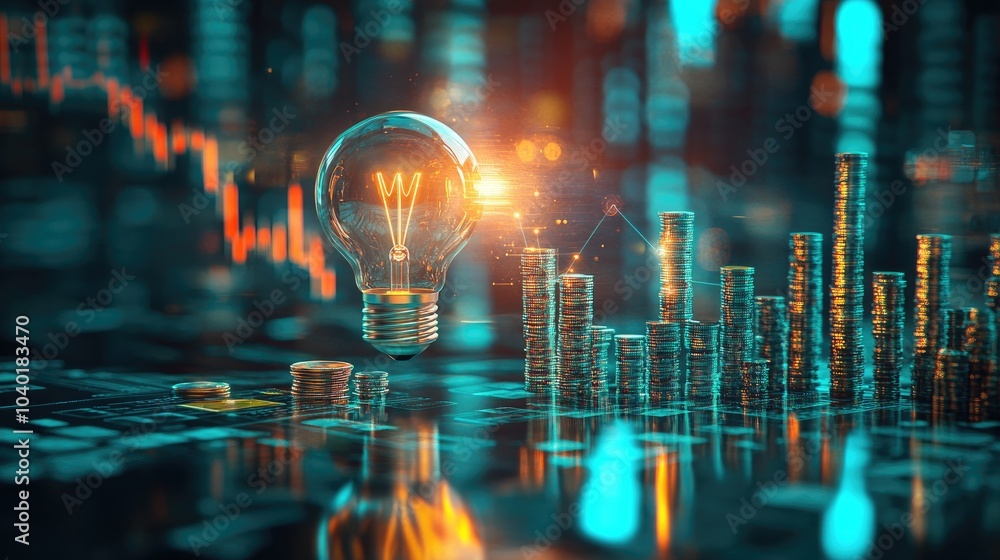 Coin and Light bulb shining over a graph, idea and business growth, 3D illustration Coin and Light bulb shining over a graph, idea and business growth, 3D illustration