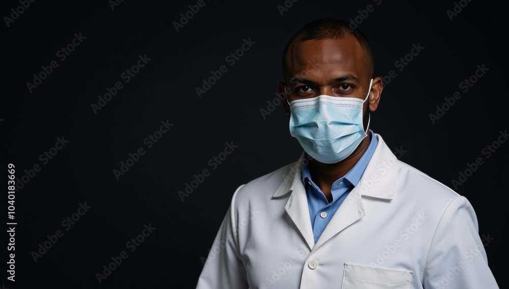 A serious African-American doctor from the 30s stands against a dark background wearing a mask and uniform while staring into the camera A serious African-American doctor from the 30s stands against a dark background wearing a mask and uniform while staring into the camera
