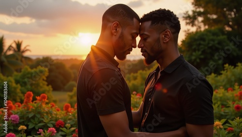 An African-American gay couple embraces under a golden sunset surrounded by shimmering blue psychic waves and a nature backdrop - realism style soft glow warm tones and vibrant blues photo