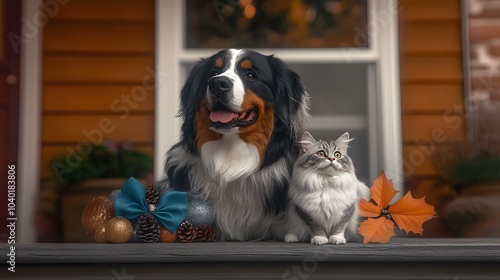 A Bernese Mountain Dog and a Himalayan cat sitting near a festive holiday display during a winter market , High-resolution,Ultra-realistic,Crystal-clear photo