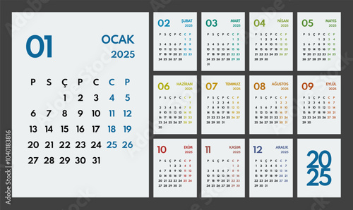 2025 year monthly office planner, calendar starts monday, two colorful weekends, white background, turkish months name