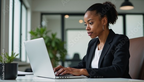 African American businesswoman engrossed in work on laptop amidst modern office space showcasing professionalism and tech savvy