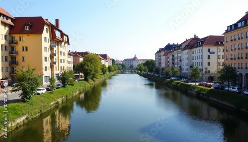  Charming European canal with quaint buildings and lush greenery