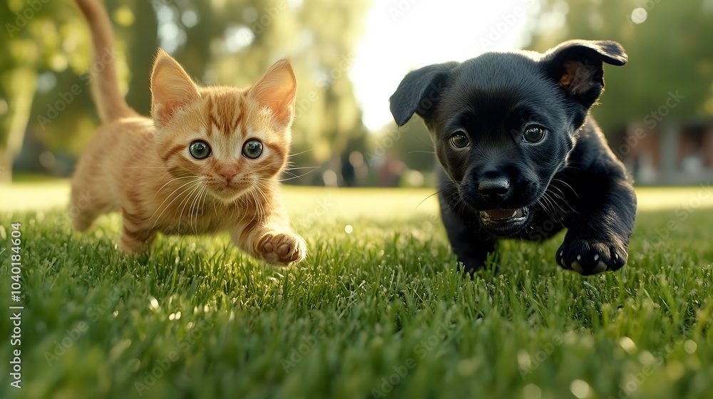 A playful Rottweiler puppy and a British Longhair kitten running through a field during a spring outdoor event , High-resolution,Ultra-realistic,Crystal-clear A playful Rottweiler puppy and a British Longhair kitten running through a field during a spring outdoor event , High-resolution,Ultra-realistic,Crystal-clear