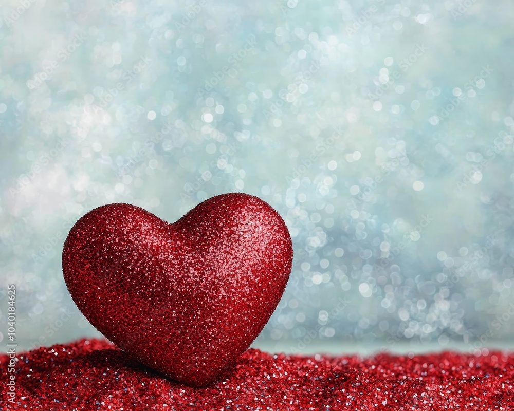 Obraz premium Radiant Red Glitter Heart on Turquoise Bokeh Background - Romantic Valentine's Day Celebration Concept