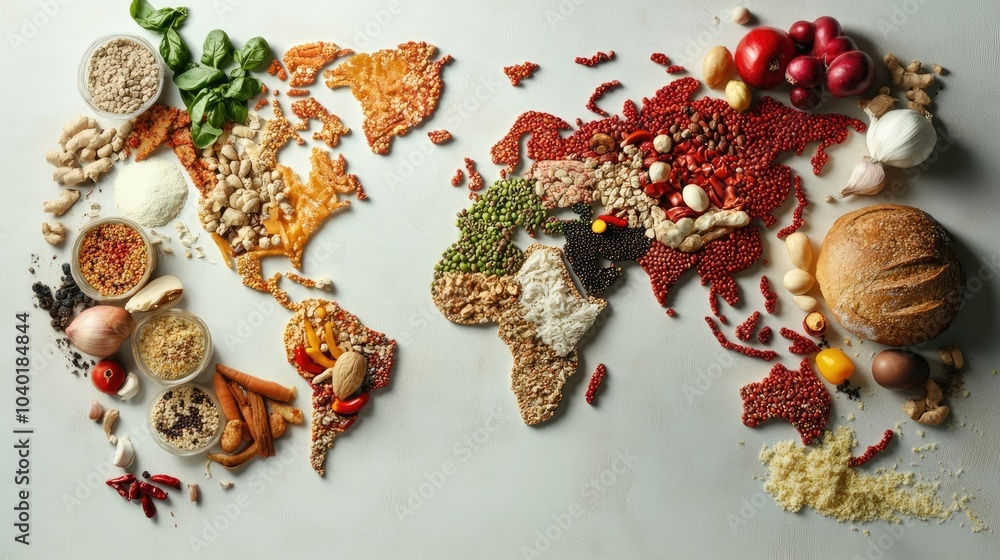 The world map created using assorted food ingredients, representing diverse culinary traditions, set on a white background The world map created using assorted food ingredients, representing diverse culinary traditions, set on a white background