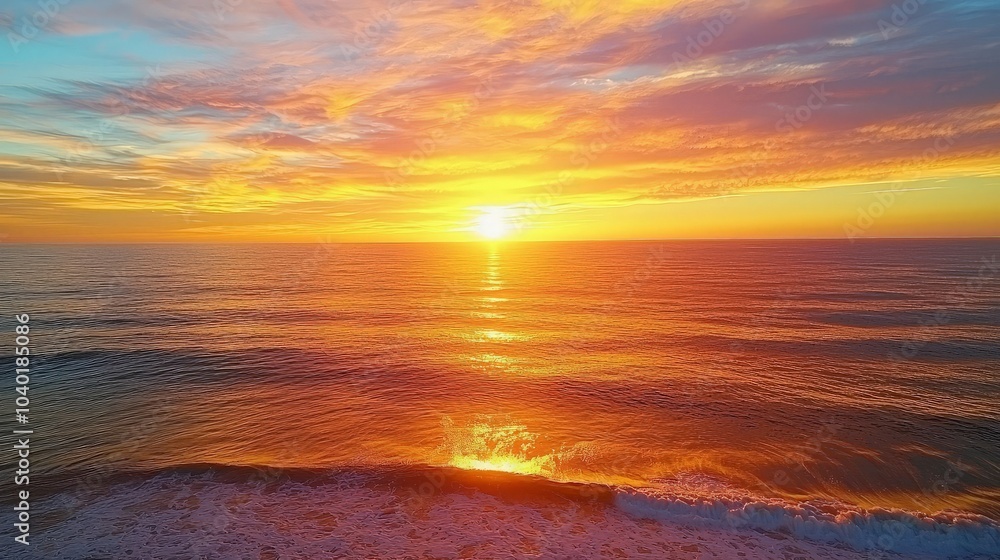 Fototapeta premium A vibrant sunset over the ocean, casting a warm glow on the water and the breaking waves.