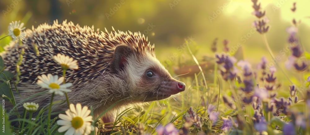 A hedgehog strolls amidst lavender flowers and daisies in a garden showcasing its eye and ear in clear view in the profile shot with copy space image A hedgehog strolls amidst lavender flowers and daisies in a garden showcasing its eye and ear in clear view in the profile shot with copy space image