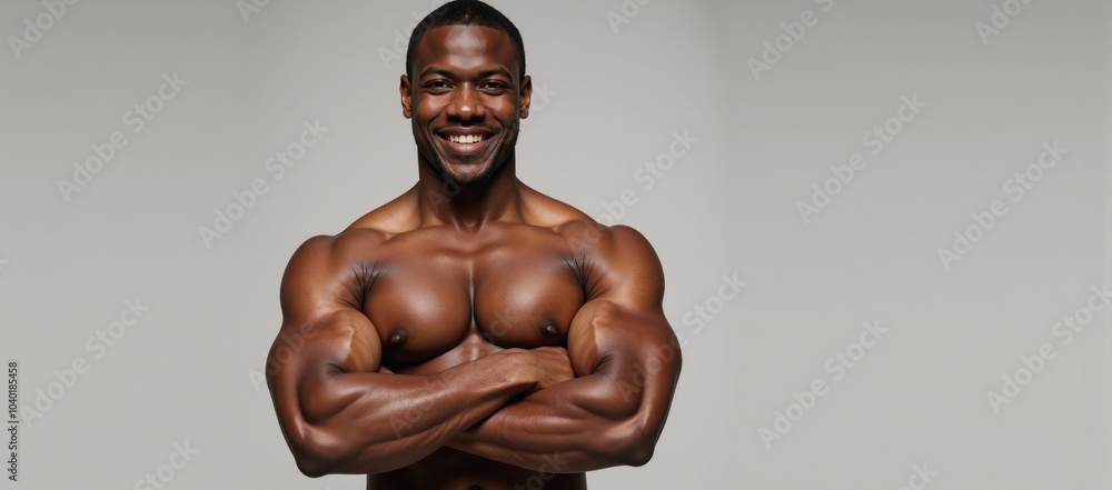 An athletic Black man stands with crossed arms and a smile against a backdrop An athletic Black man stands with crossed arms and a smile against a backdrop