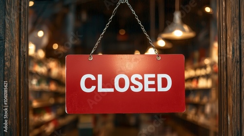 Intimate Red 'CLOSED' Sign on Glass Door in Warm Shop Interior - Business Closure Concept