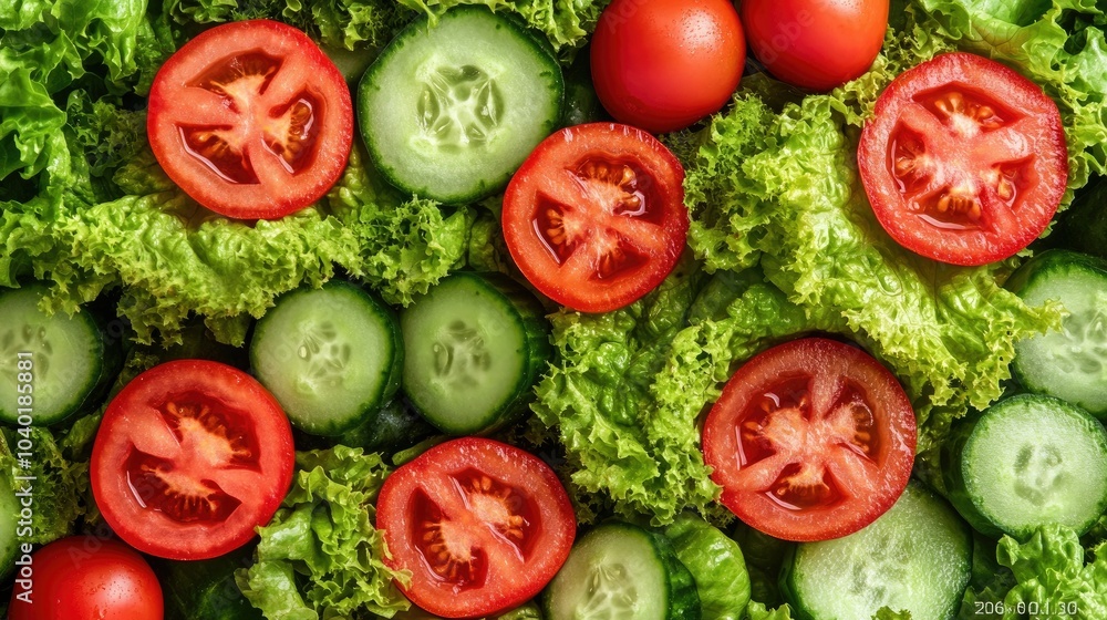 Close-up of tomatoes, lettuce, and cucumbers arranged with space for your message Close-up of tomatoes, lettuce, and cucumbers arranged with space for your message
