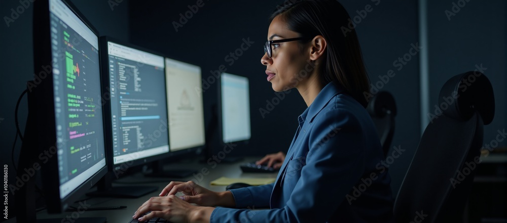 A Black African American Female IT Specialist assesses cybersecurity threats within an information technology setting