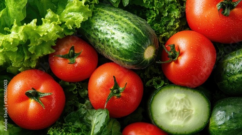 Close-up of tomatoes, lettuce, and cucumbers arranged with space for your message