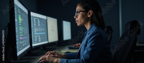 A Black African American Female IT Specialist assesses cybersecurity threats within an information technology setting photo