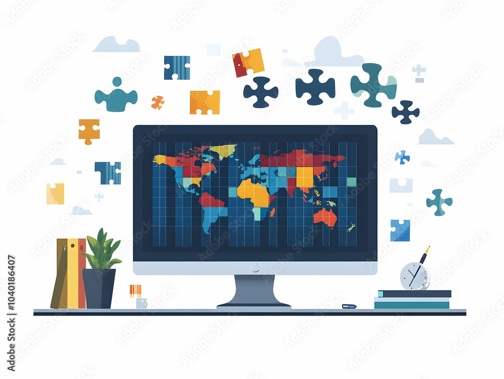Flat Desktop Monitor Holographic Puzzle Pieces Globe Creative Collaboration Global Environment Vector Illustration Flat Desktop Monitor Holographic Puzzle Pieces Globe Creative Collaboration Global Environment Vector Illustration