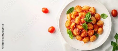 Delicious gnocchi with tomato sauce and cheese on a white backdrop with copy space image photo