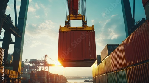 Container being lifted at shipping port front view Cargo handling efficiency -