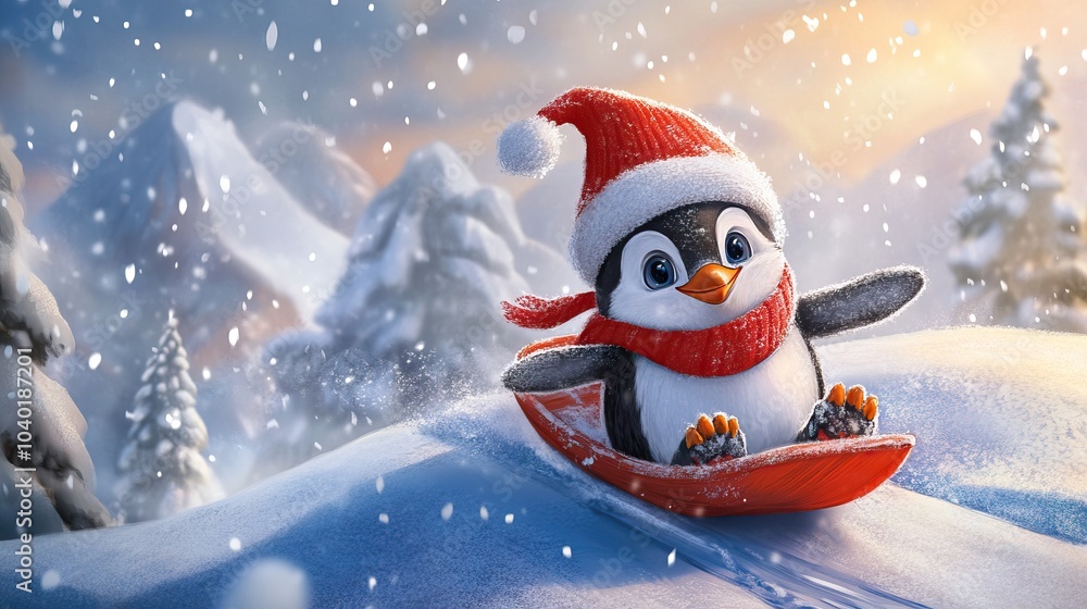 Obraz premium Cute Penguin Sledding down a Snowy Mountain Wearing a Red Hat and Scarf. Christmas Image