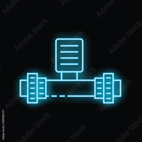 Blue neon water meter icon glowing on black background, plumbing service concept