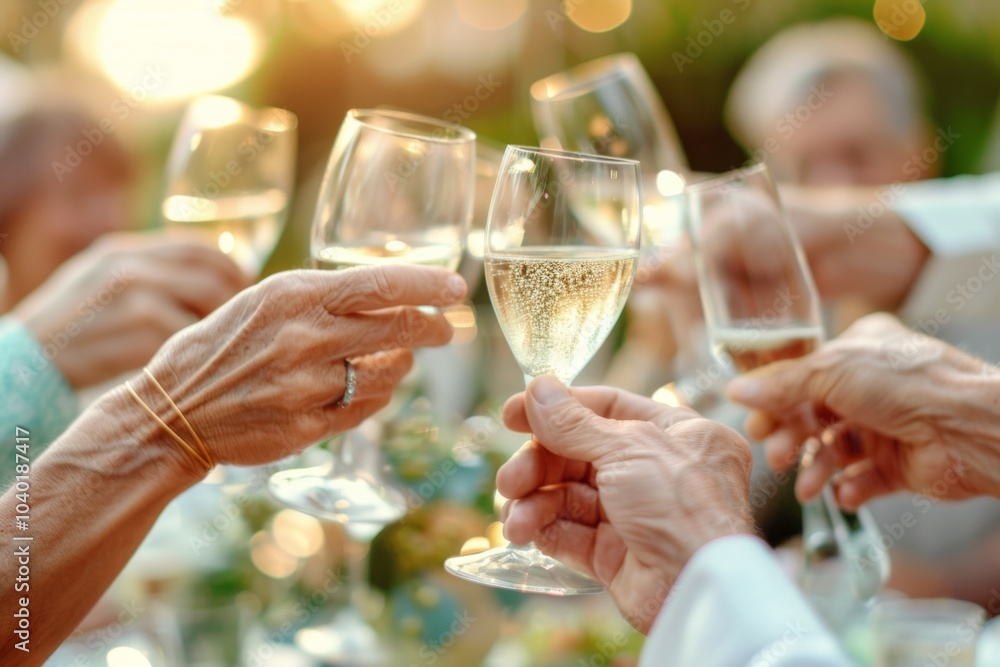 Family gathered in a sunny garden celebrating with a joyous toast at a cheerful summer party Family gathered in a sunny garden celebrating with a joyous toast at a cheerful summer party