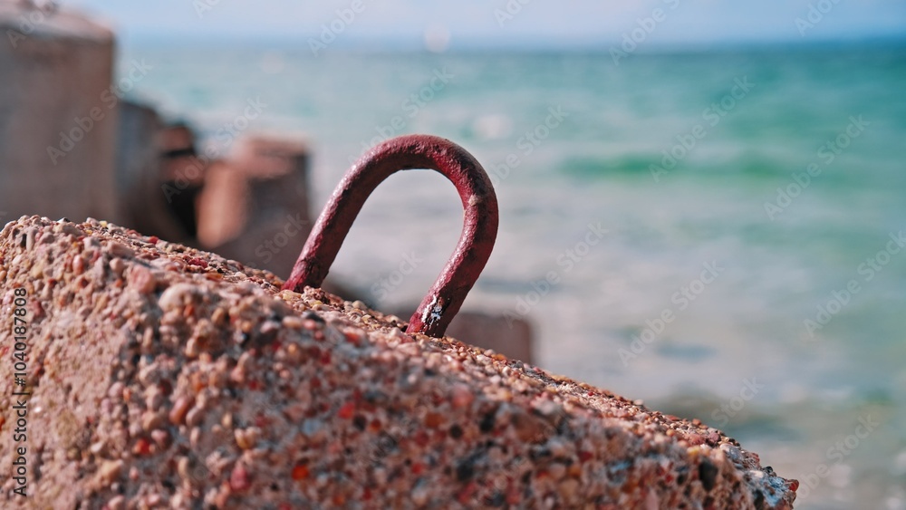 Fototapeta premium Sea Waves Hitting Shore with Splashing on Heavy Concrete Tetrapod Coastal Defense Structure Seawall Embankment