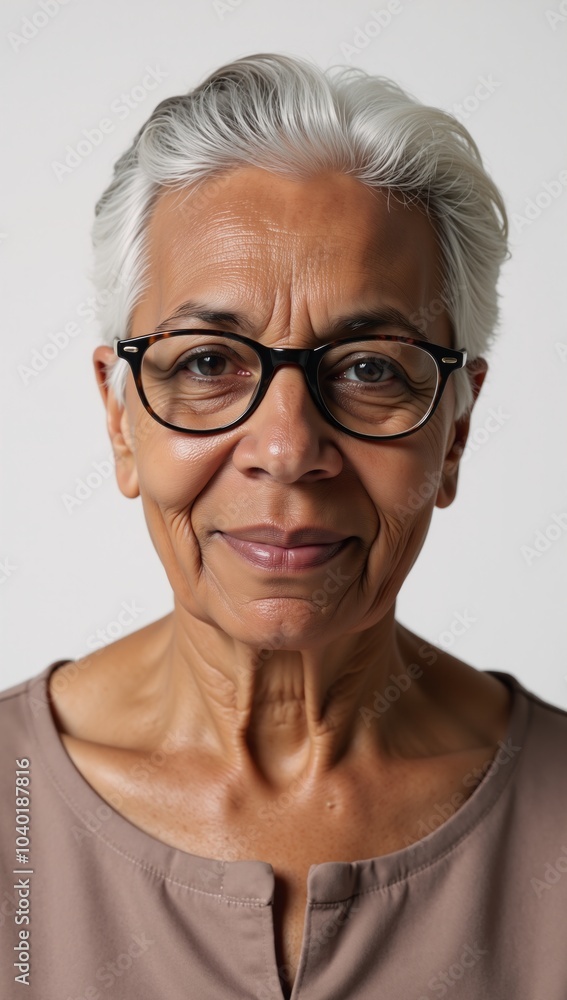 Close-up studio shot of an elderly African American woman with gray hair against a white backdrop Close-up studio shot of an elderly African American woman with gray hair against a white backdrop
