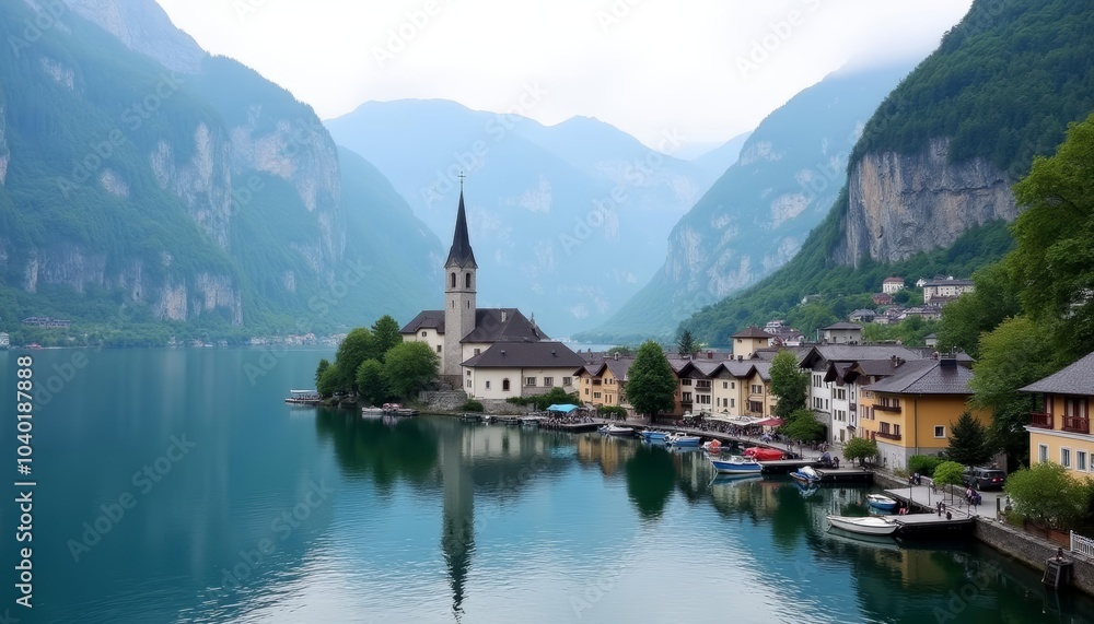 Fototapeta premium Tranquil lakeside village nestled amidst majestic mountains