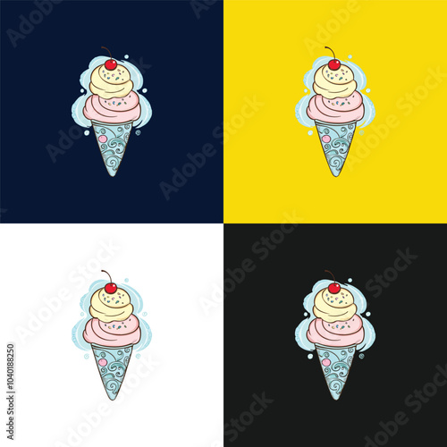 Cute Ice Cream Cone Holding Straw Cartoon Vector Icon Illustration