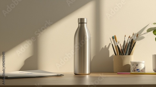 Wallpaper Mural Creative Essentials - Silver Thermo Water Bottle Among Art Supplies on Wooden Desk for Inspiration and Productivity Torontodigital.ca