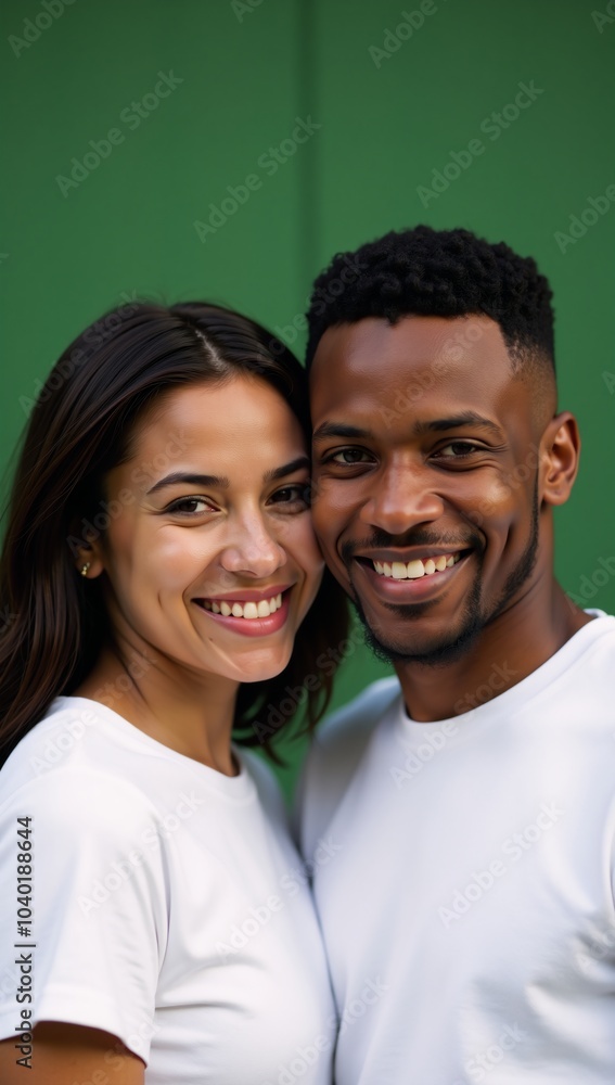 Smiling African American couple dressed casually in white tees standing before a blured verdant backdrop Smiling African American couple dressed casually in white tees standing before a blured verdant backdrop